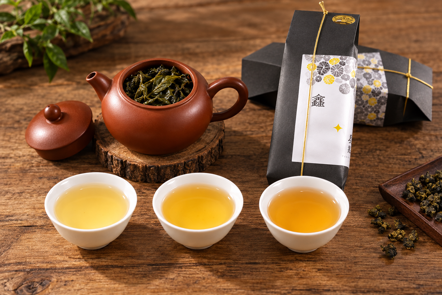 Successive infusions showing how Taiwanese oolong changes when re-steeped