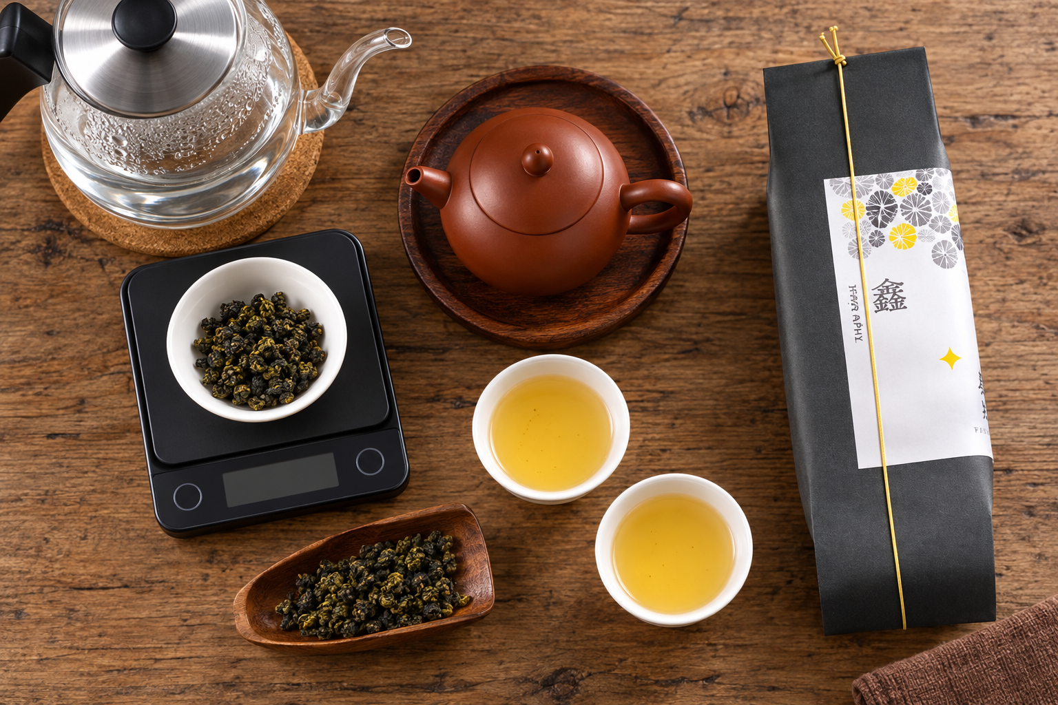 Top-down Taiwanese oolong brewing setup with measured tea and hot water