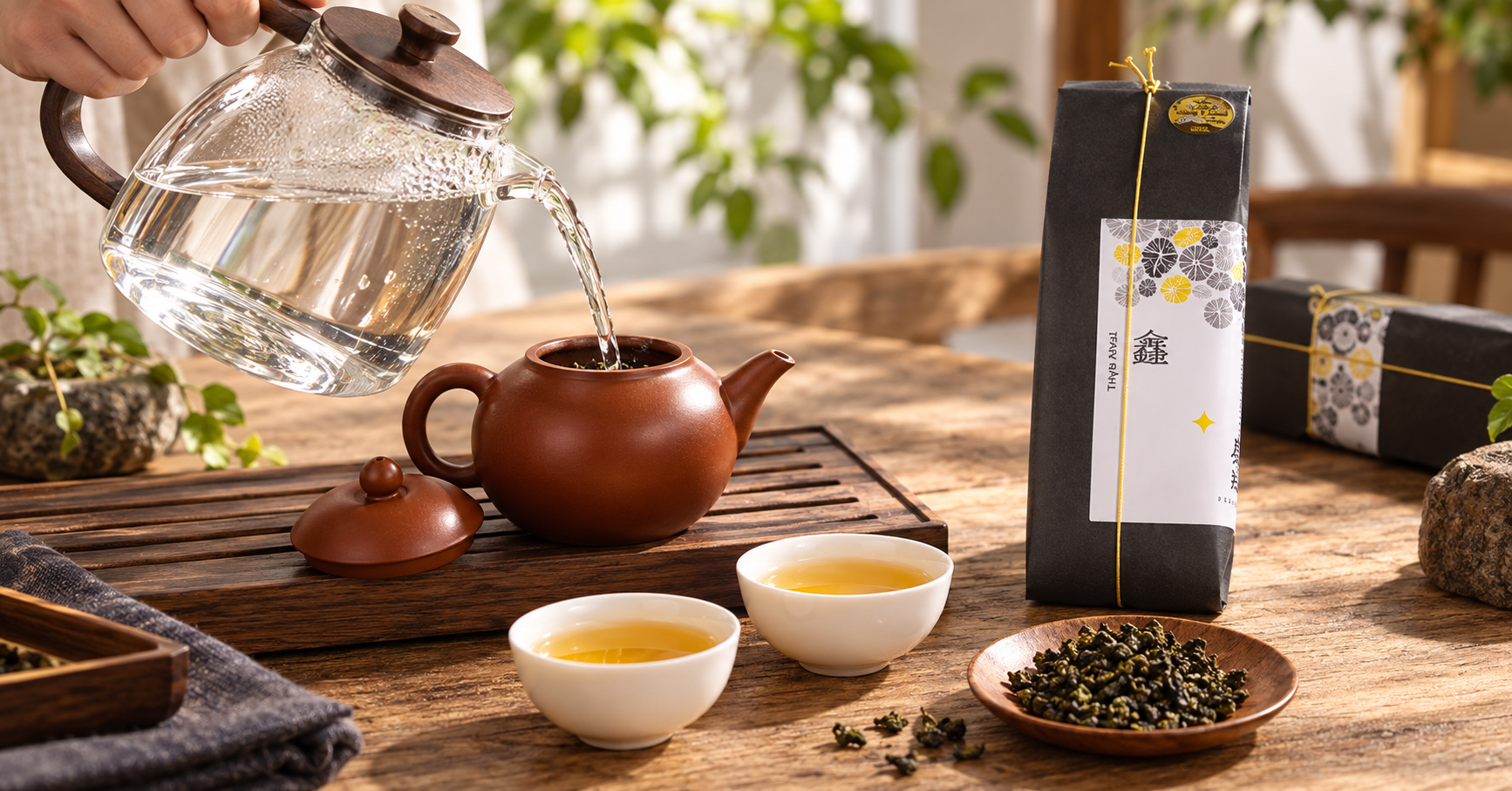 Taiwanese oolong brewing guide with teapot and tea leaves