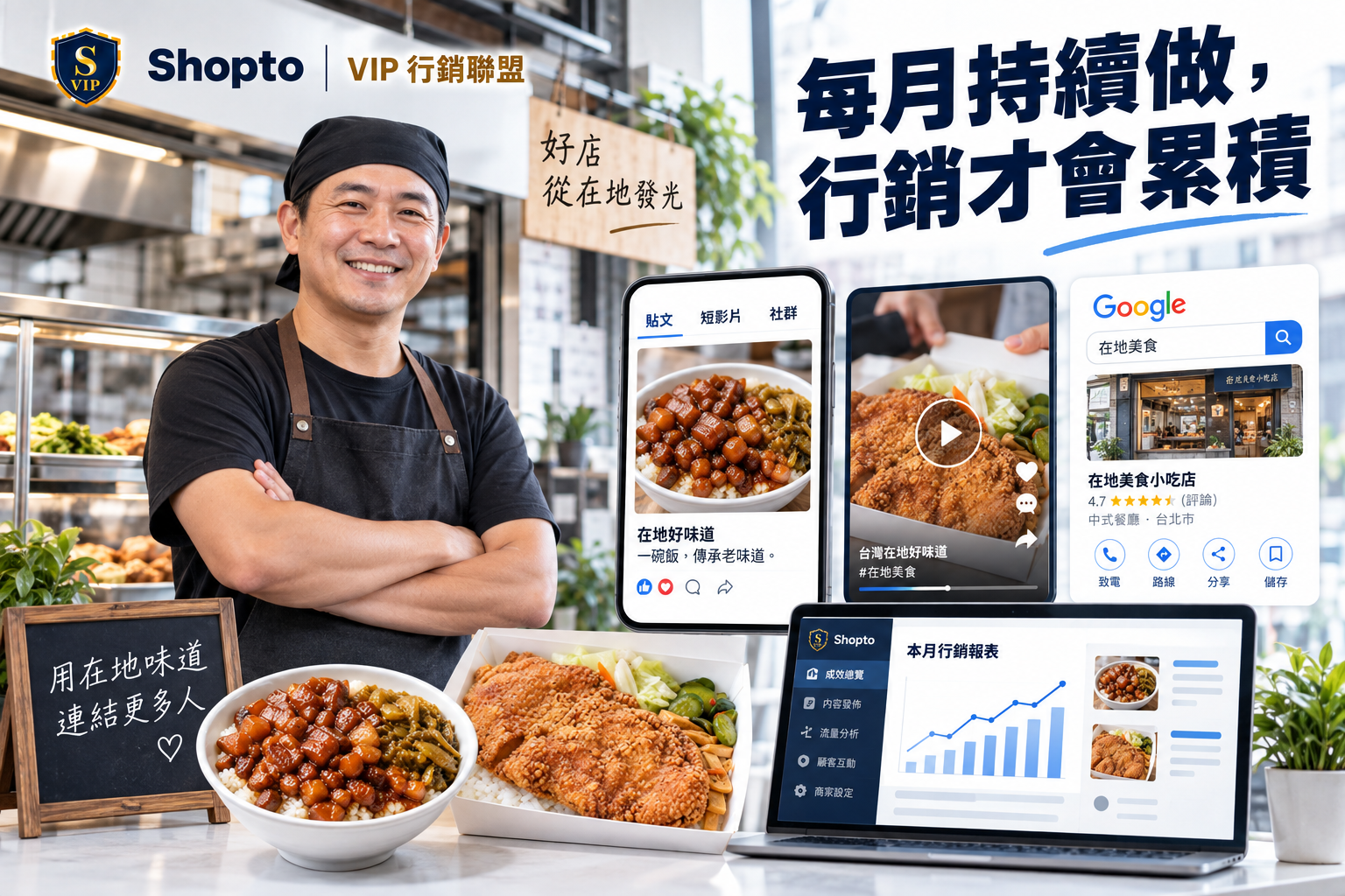 Shopto VIP 每月持續行銷支援，整合貼文、短影片、Google 商家與成效報表