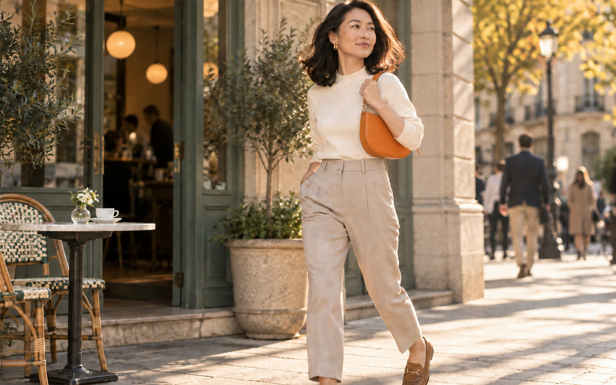 A woman carrying an orange EGOSUNNY Luna high under her arm outside a city café