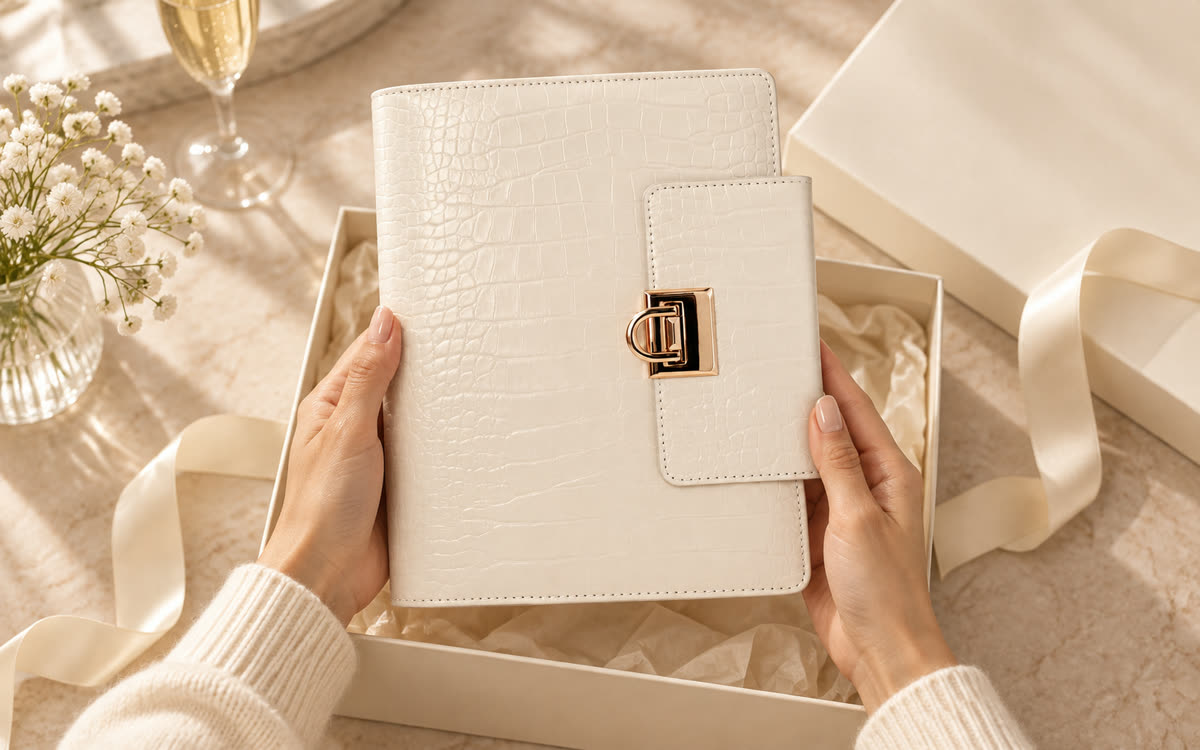 Hands presenting a pearl-white EGOSUNNY Croco planner above an elegant gift box