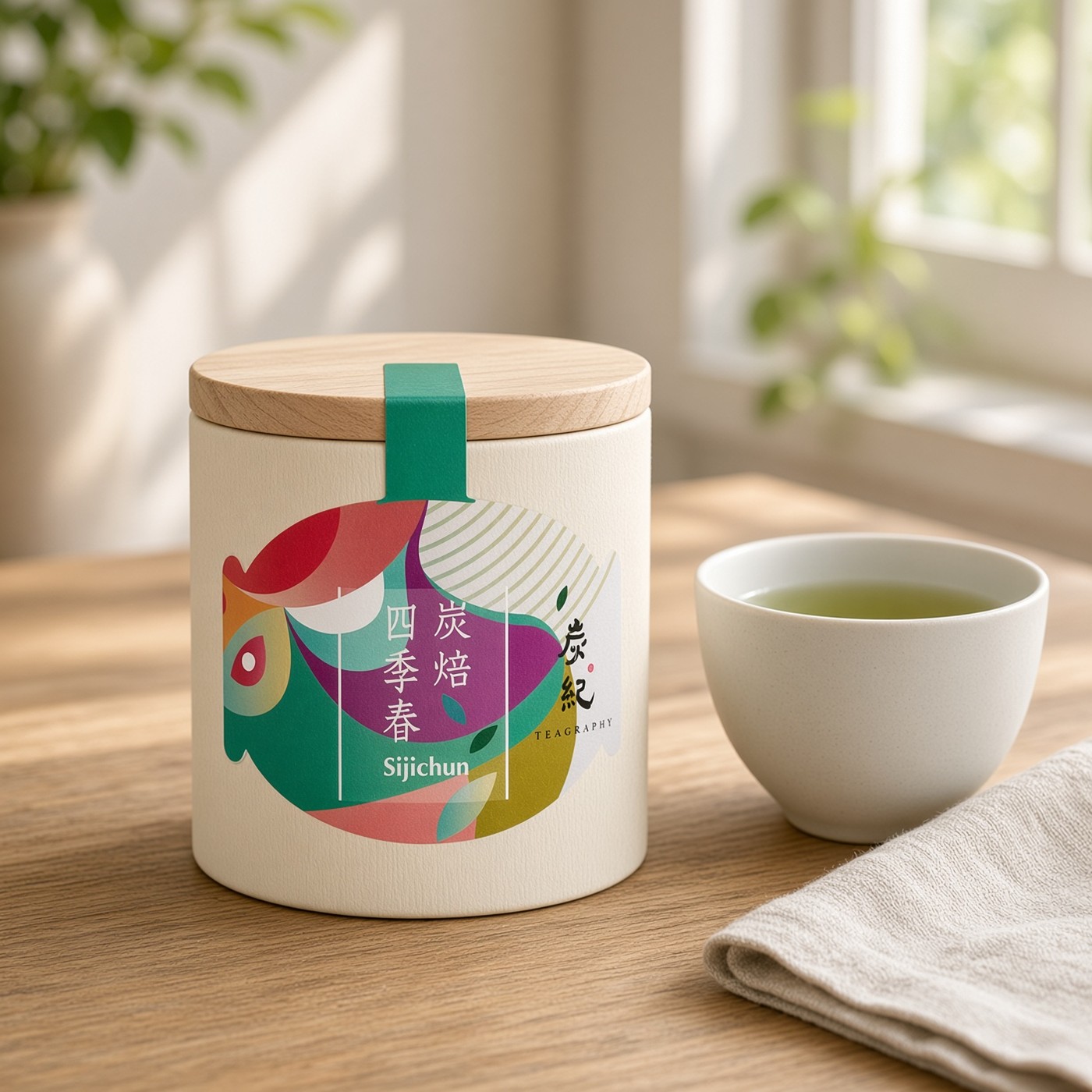 Teagraphy Si Ji Chun tea can beside a warm cup