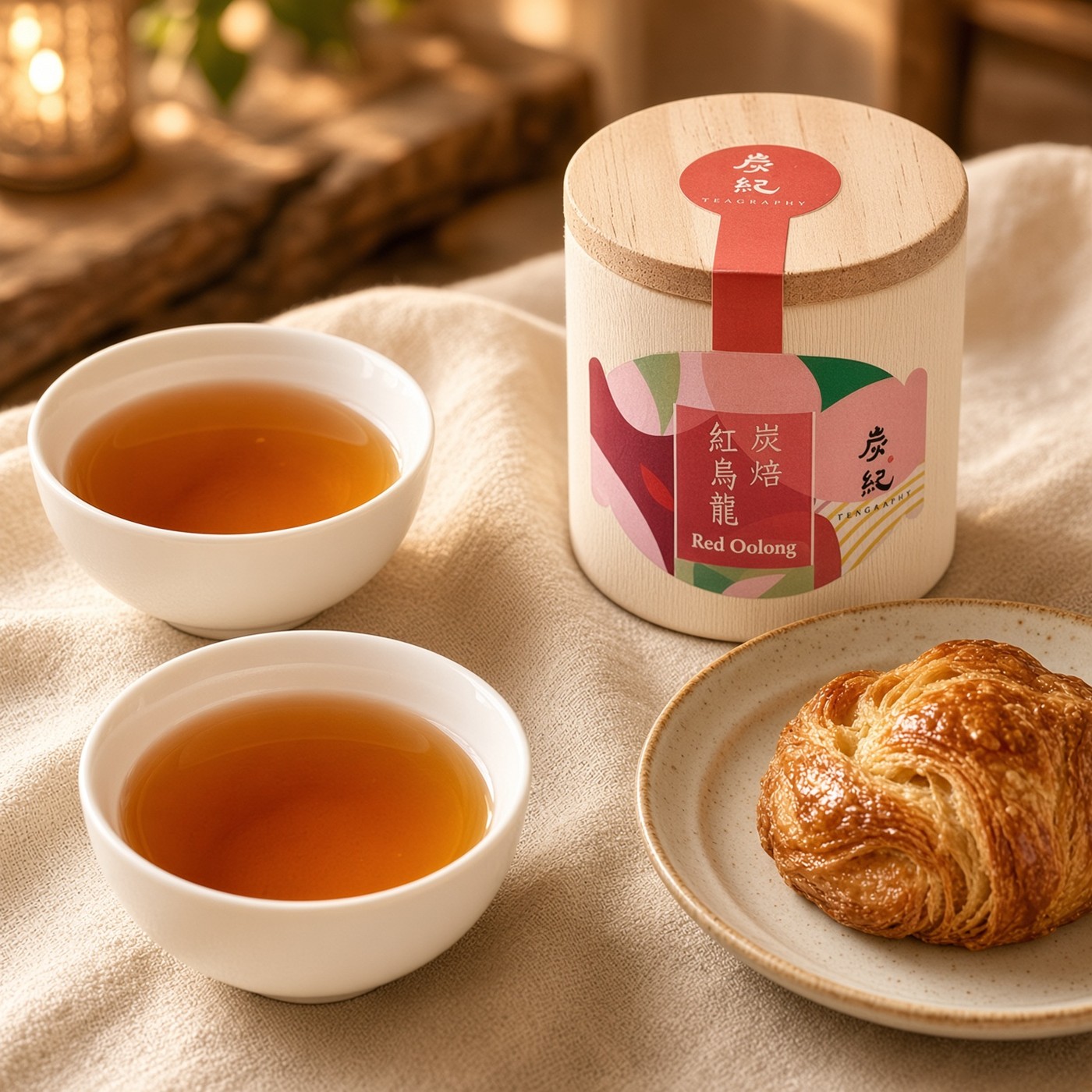 Teagraphy Red Oolong tea can with warm amber cups