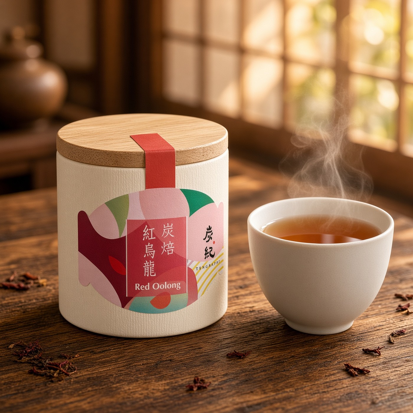 Teagraphy Red Oolong tea can beside a brewed cup