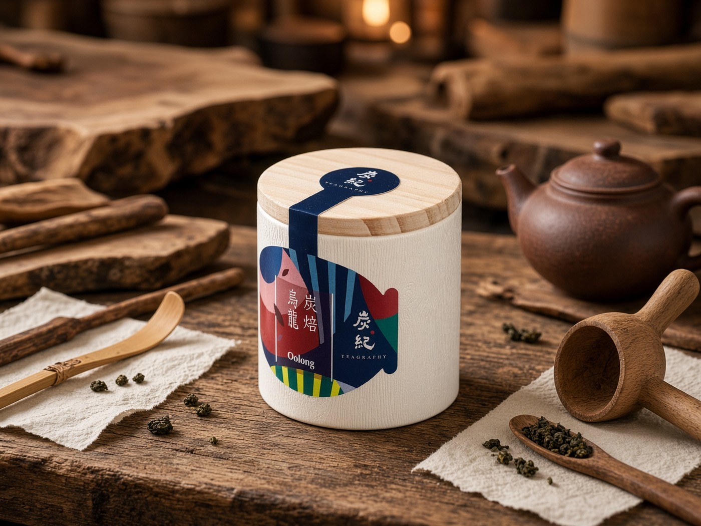 Teagraphy ball-rolled oolong tea tin beside brewed tea