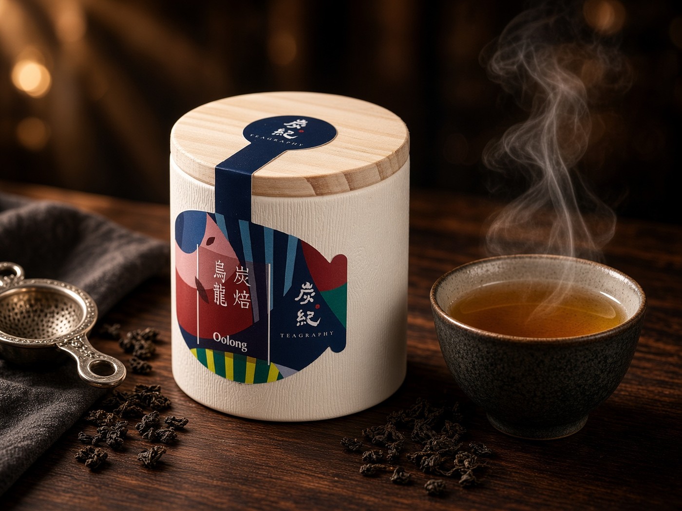 Teagraphy Taiwanese oolong tea tin and tasting setup