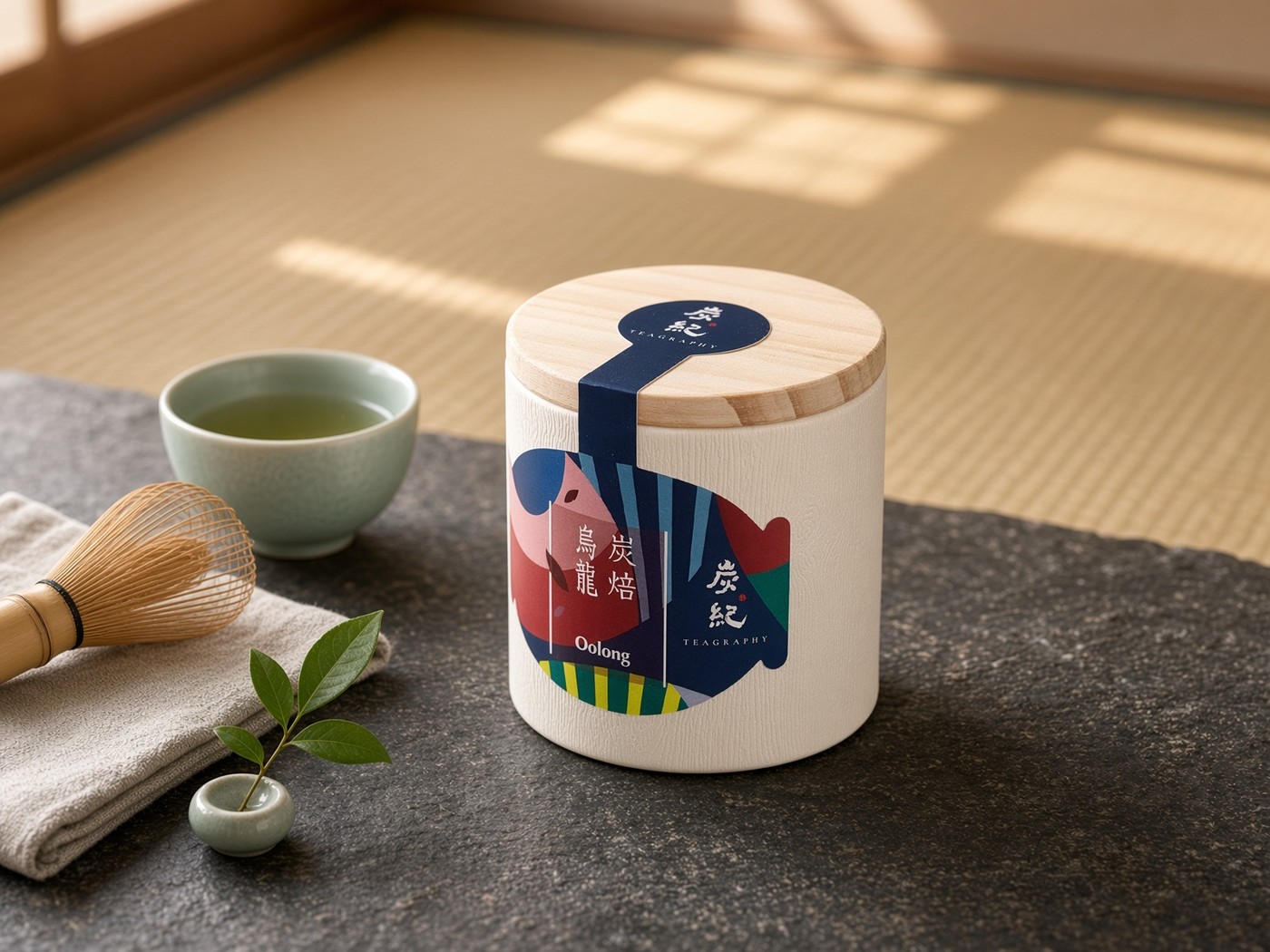 丸い烏龍茶葉と淹れた茶の茶席