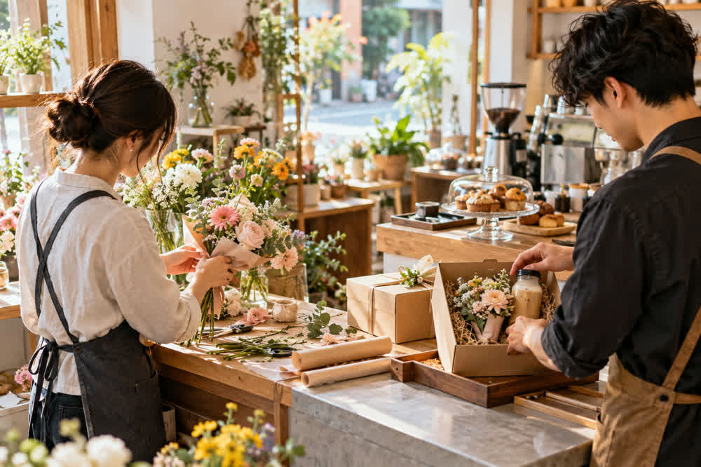 花店與咖啡廳共同準備聯名禮盒，展現店家聯盟跨業合作