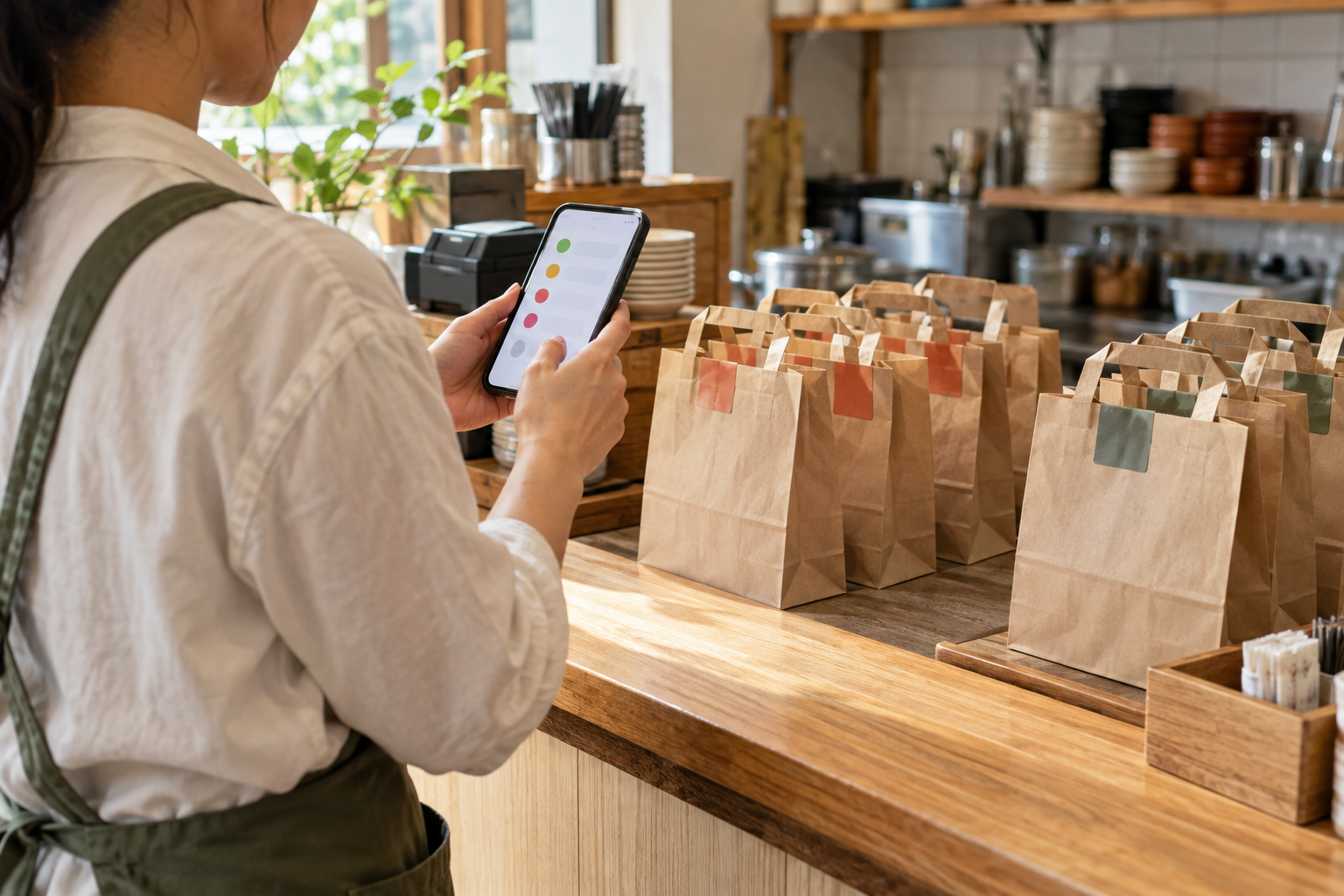 小店老闆在櫃檯用手機整理收款與取貨狀態