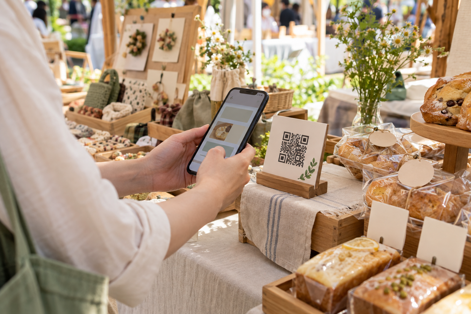 市集客人以手機掃描攤位 QR Code 使用線上訂購單,畫面不顯示品牌或文字