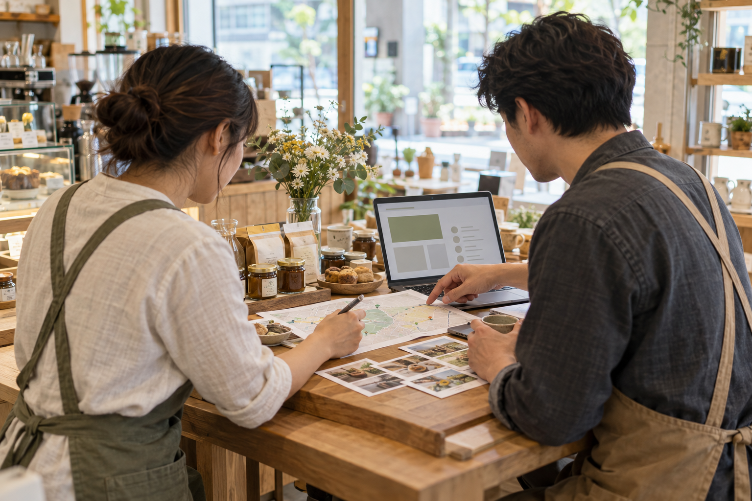 兩位台灣小店老闆查看地圖與商品素材，討論店家聯盟客源互薦