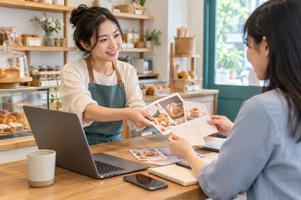台灣烘焙小店老闆交付商品照片與資訊,讓行銷團隊接手小店行銷外包內容製作