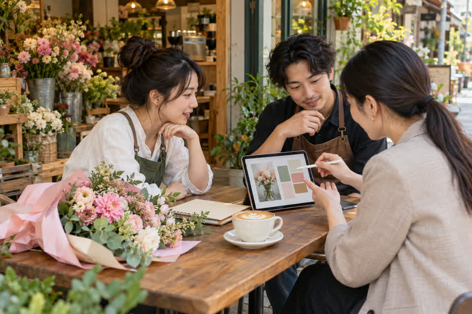 花店與咖啡店老闆和顧問討論跨店合作,延伸小店行銷外包成果