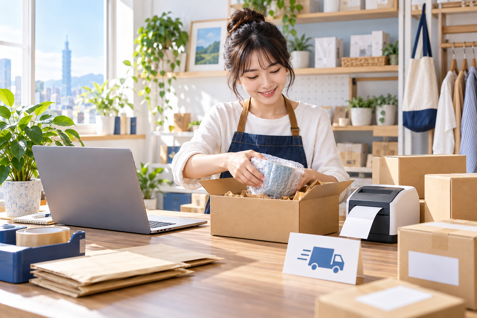 小店老闆核對 Shopto 訂單後打包出貨的明亮工作室