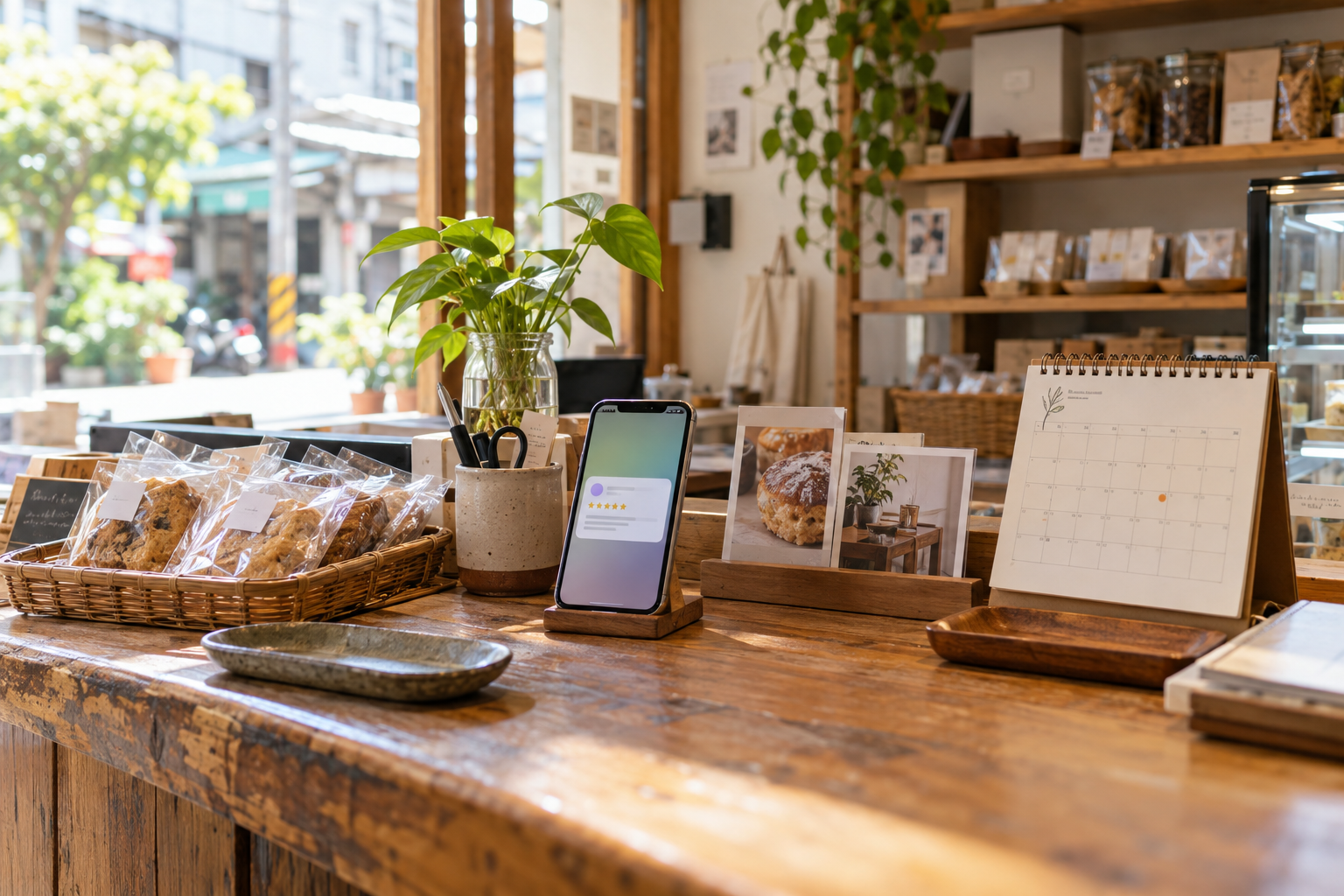 台灣街邊小店工作檯上的手機與商品照片，呈現 Google 商家資訊整理