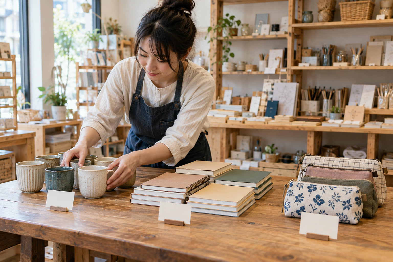 台灣小店店主將陶杯、筆記本與布包分組,示範 Shopto 商品分類規劃