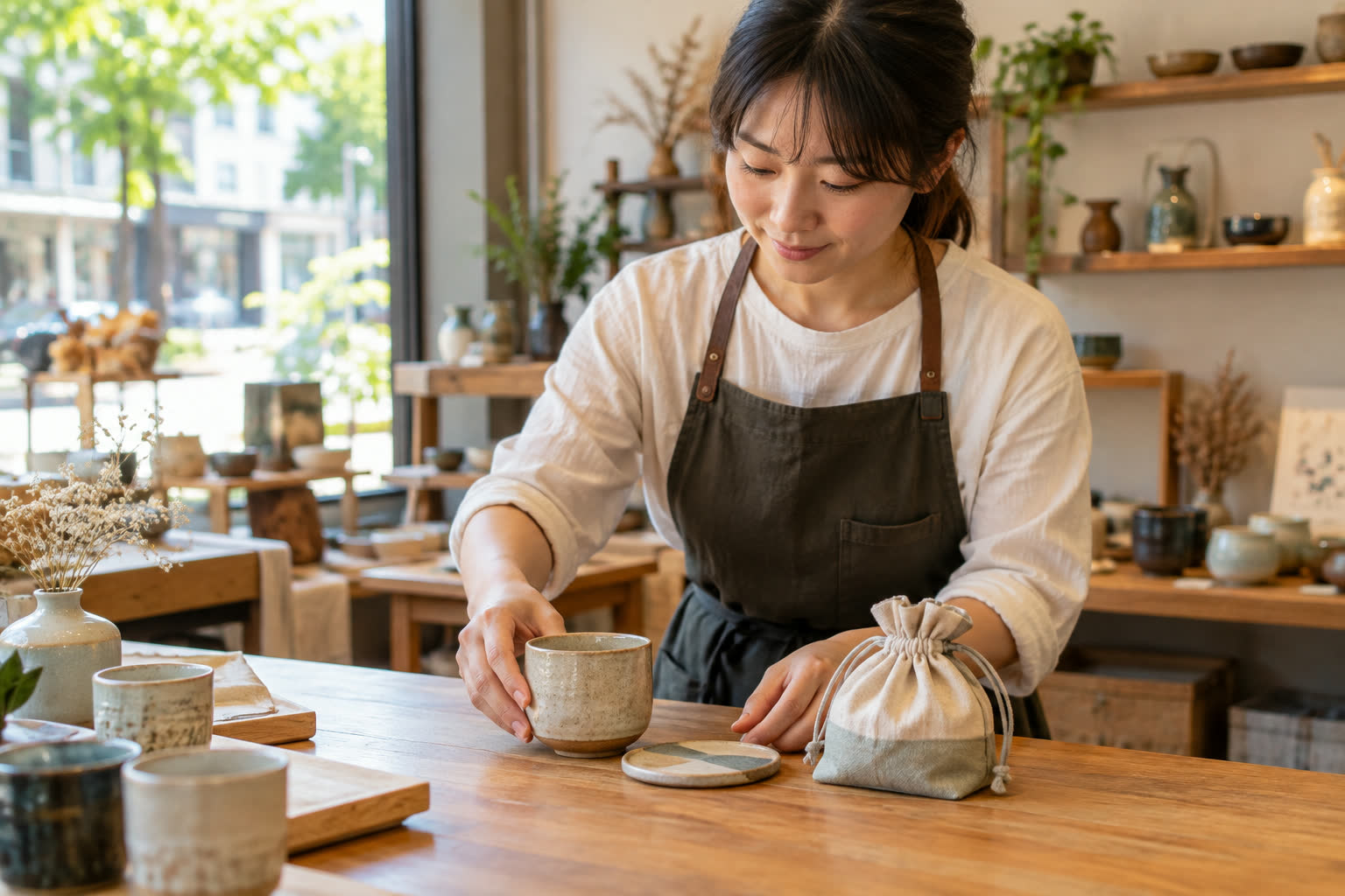 小店店主將陶杯與杯墊擺在一起,示範 Shopto 相關商品搭配思路