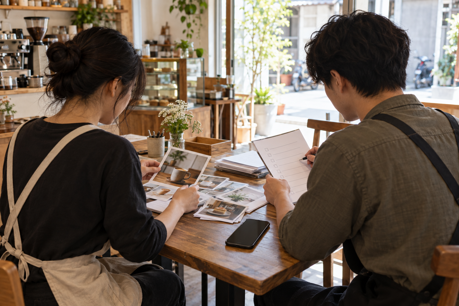 台灣咖啡店夥伴整理商品照片與詢問清單，準備 LINE 常見問題交接