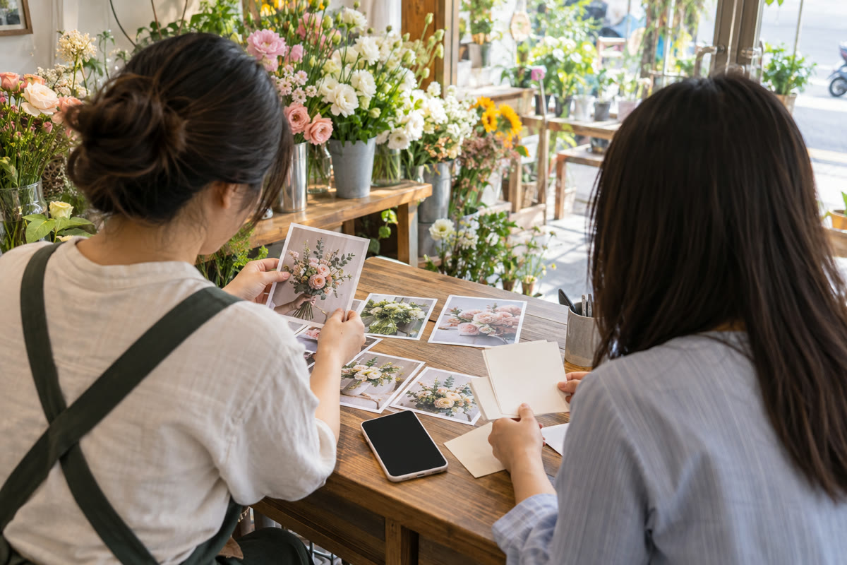 花店店主與行銷夥伴整理商品照片，討論短影片要回答的顧客問題。