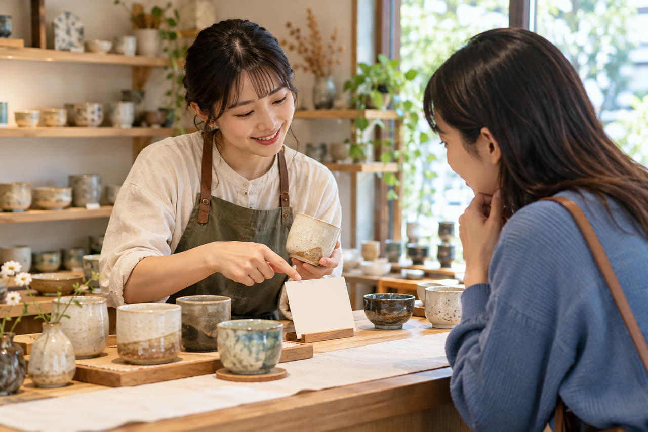 台灣手作陶杯小店店主向客人介紹作品，規劃 Shopto 品牌故事與聯絡頁內容