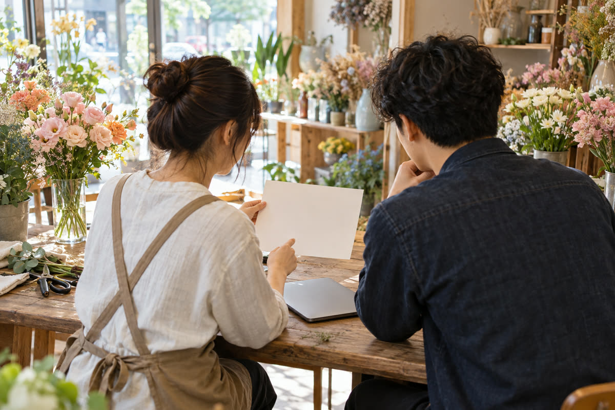 花店店主與行銷夥伴核對店家營業資訊，整理 Google 商家與社群更新內容