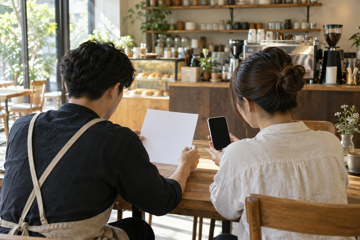 咖啡店店主與夥伴檢視對外訊息，協調 LINE 與社群營業資訊