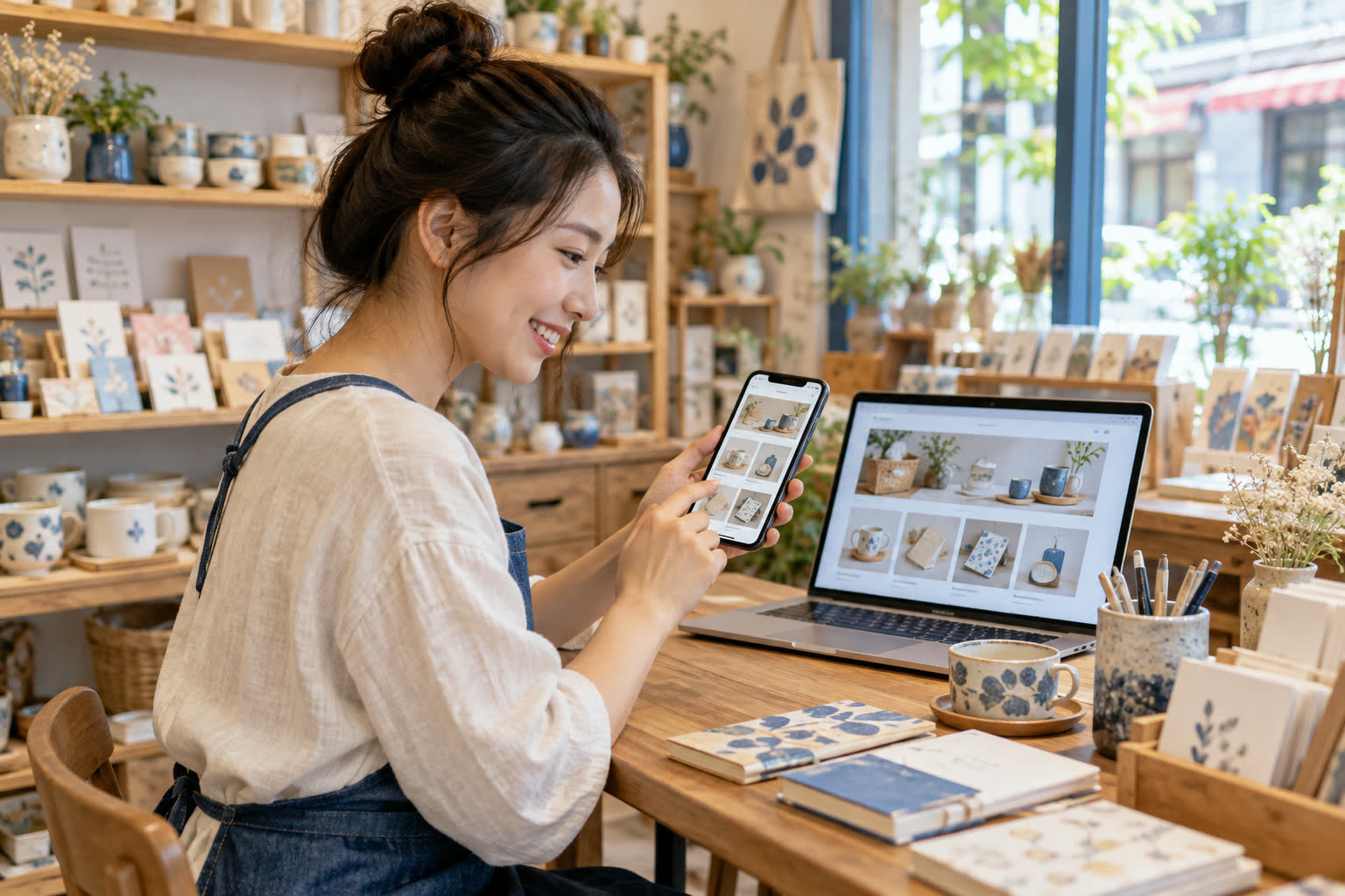 小店老闆用手機檢查網店頁面與商品呈現