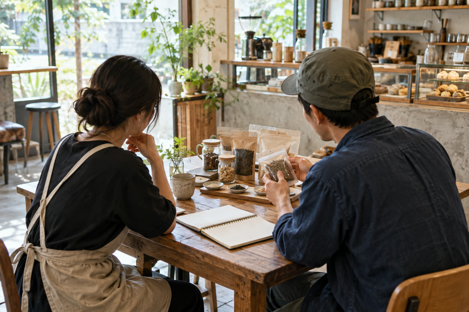 小店老闆與供貨夥伴在咖啡店討論商品與合作條件