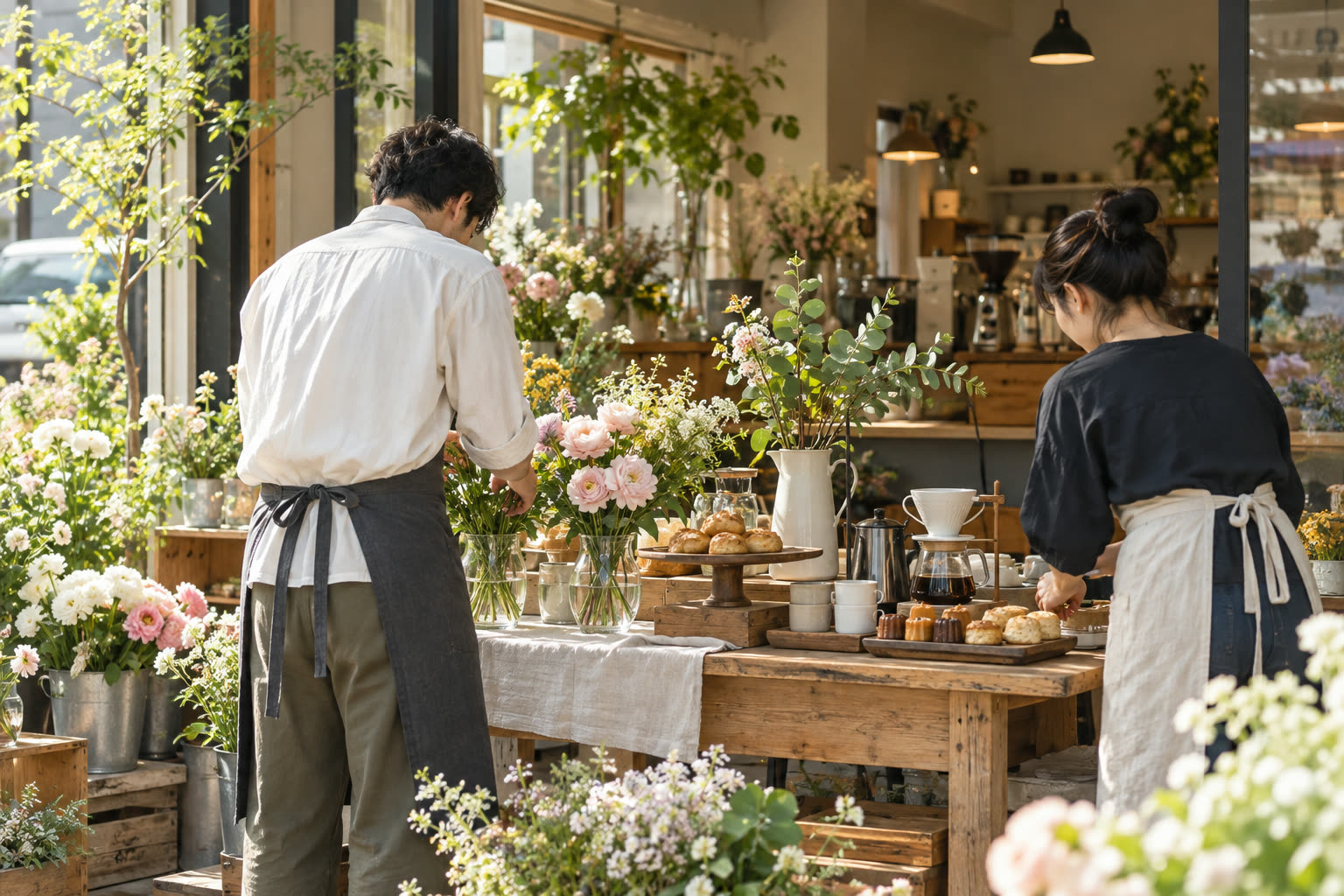 花店與咖啡店合作準備活動陳列，呈現小店跨業合作情境