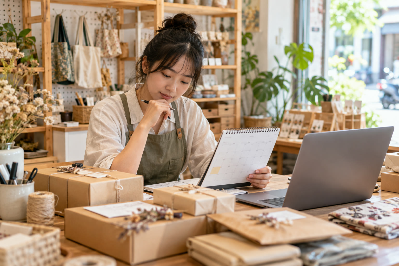手作小店店主核對日曆與待寄包裹，整理網店出貨公告。