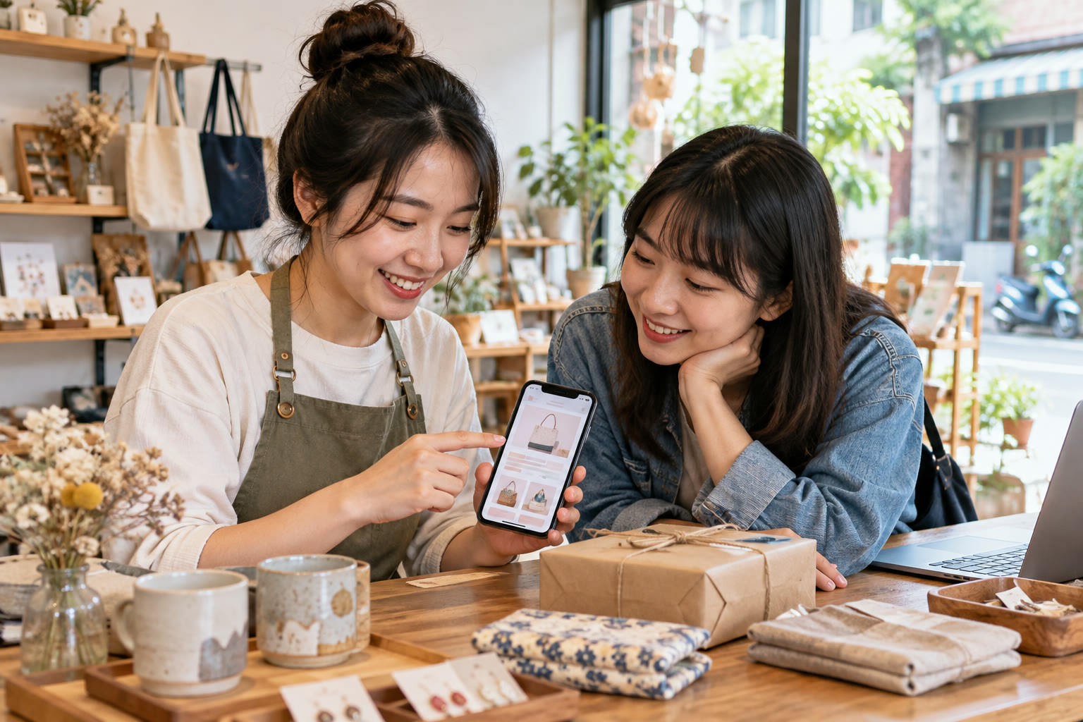 小店店主與朋友用手機檢查官網資訊，確認營業公告是否容易閱讀。