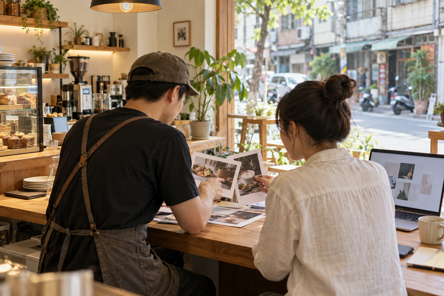 台灣咖啡店店主與協作夥伴檢視餐點照片，討論每月小店行銷內容