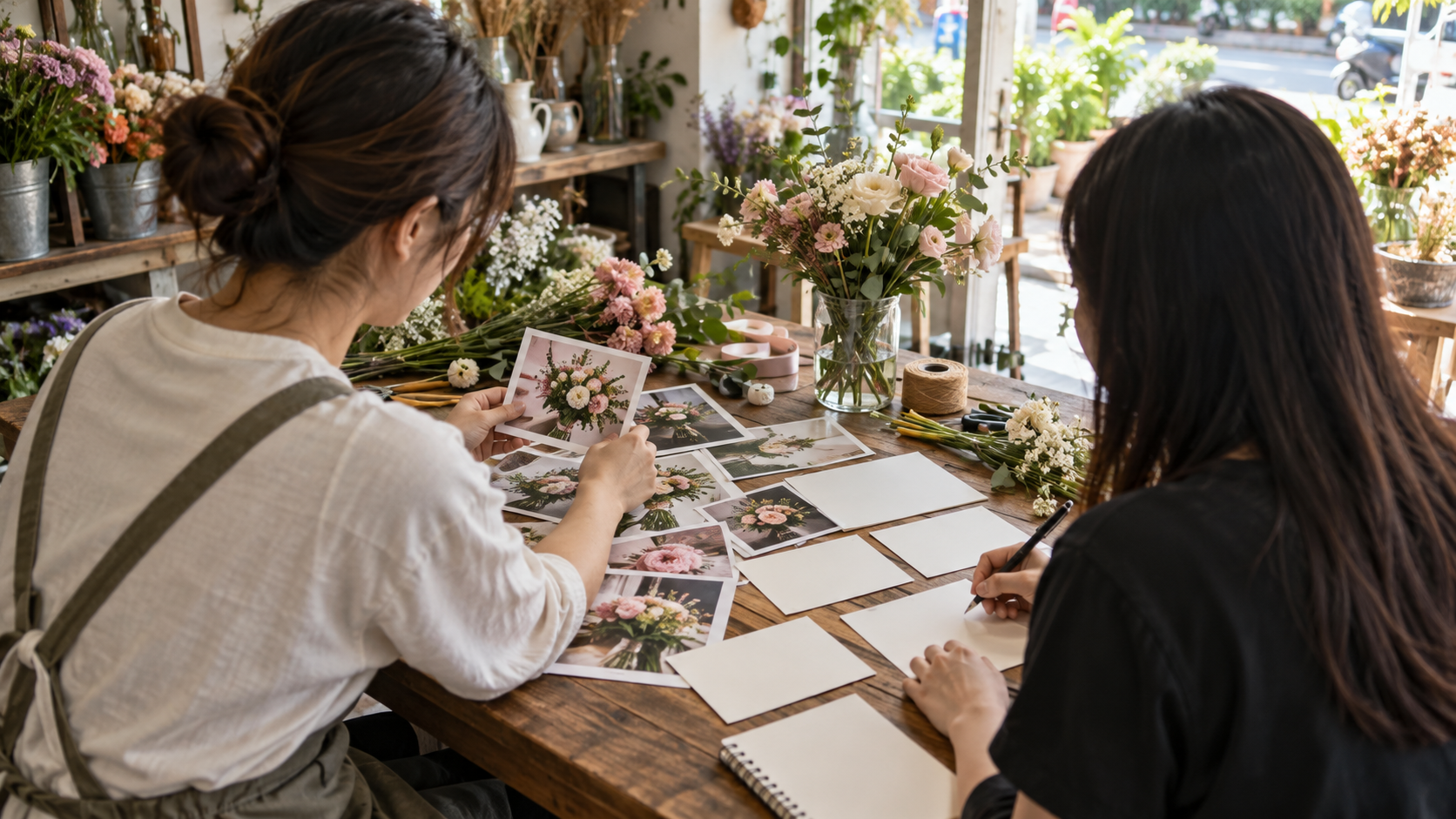 花店老闆與行銷夥伴整理商品照片，討論小店行銷素材分工