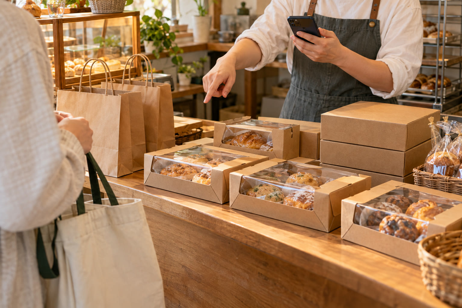 台灣烘焙店櫃檯依開賣+訂單整理取貨商品，店家用手機核對