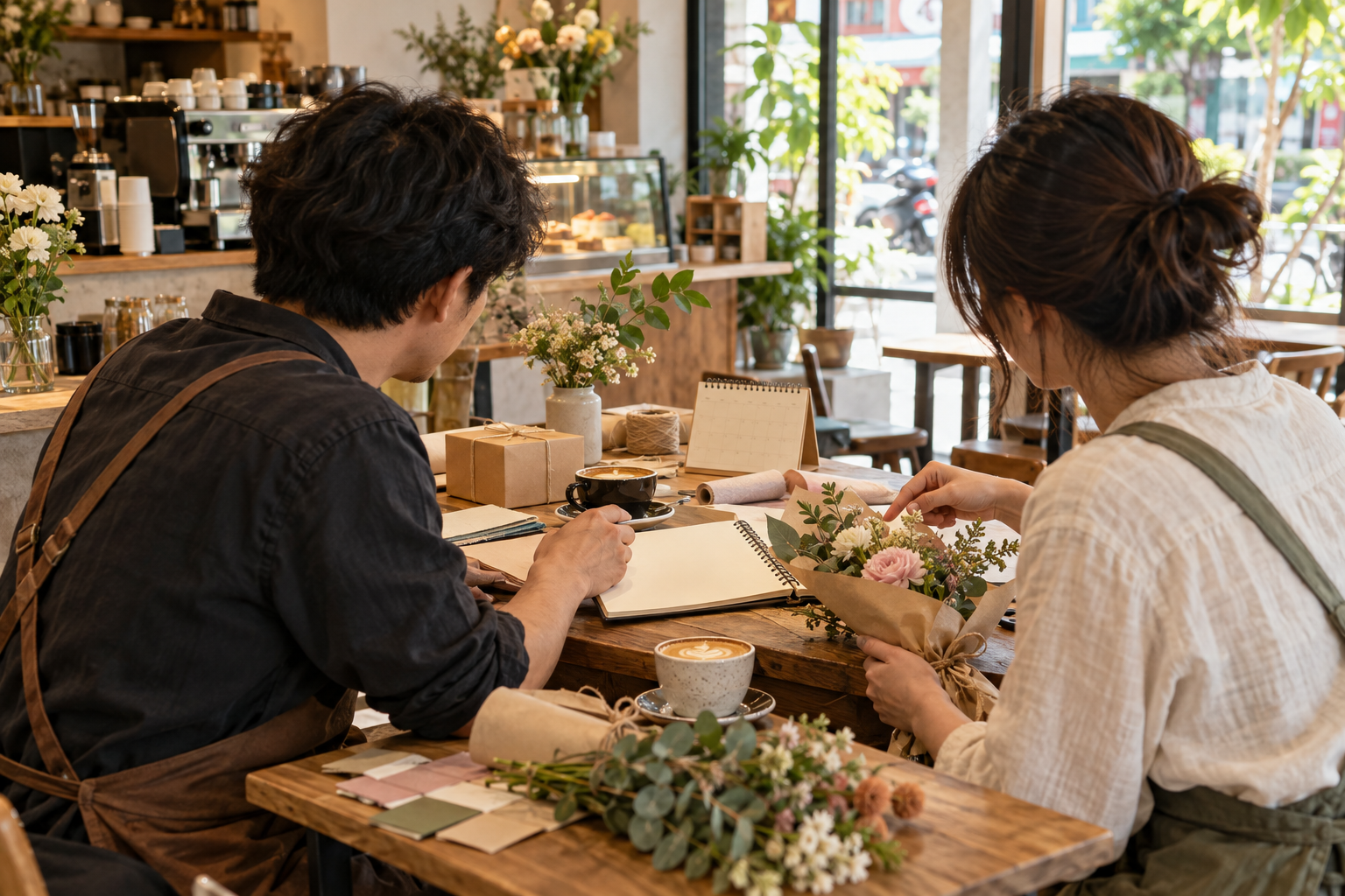 咖啡店與花店經營者討論跨店合作條件，規劃店家聯盟淡季活動