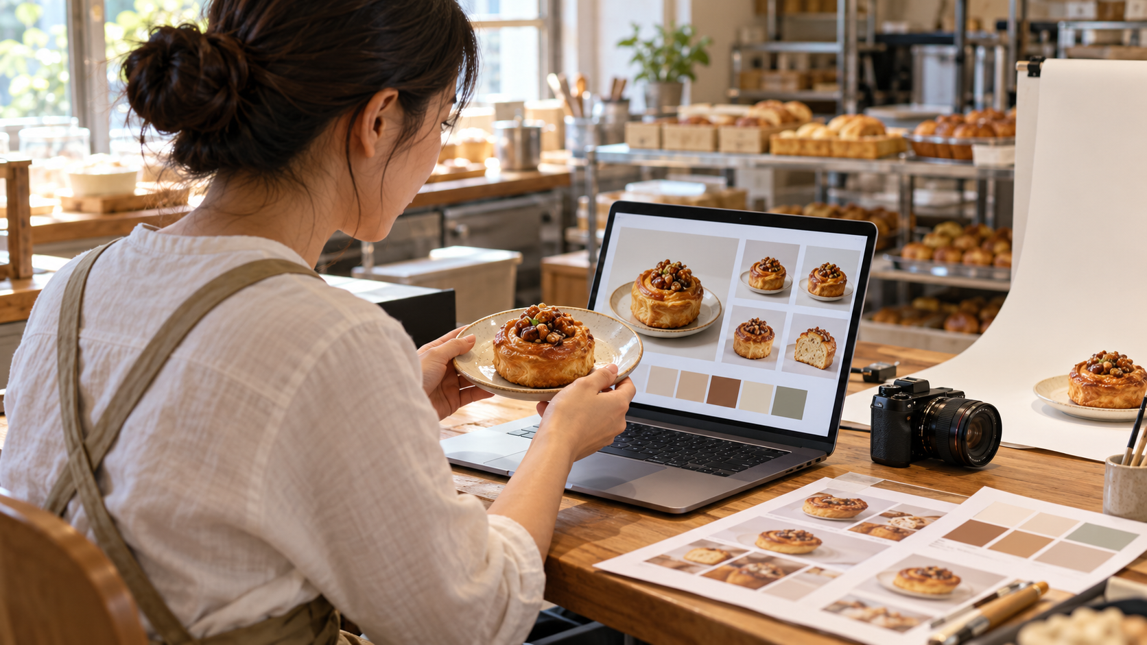 烘焙店老闆核對商品照片細節，準備 AI 商品圖與短影音素材