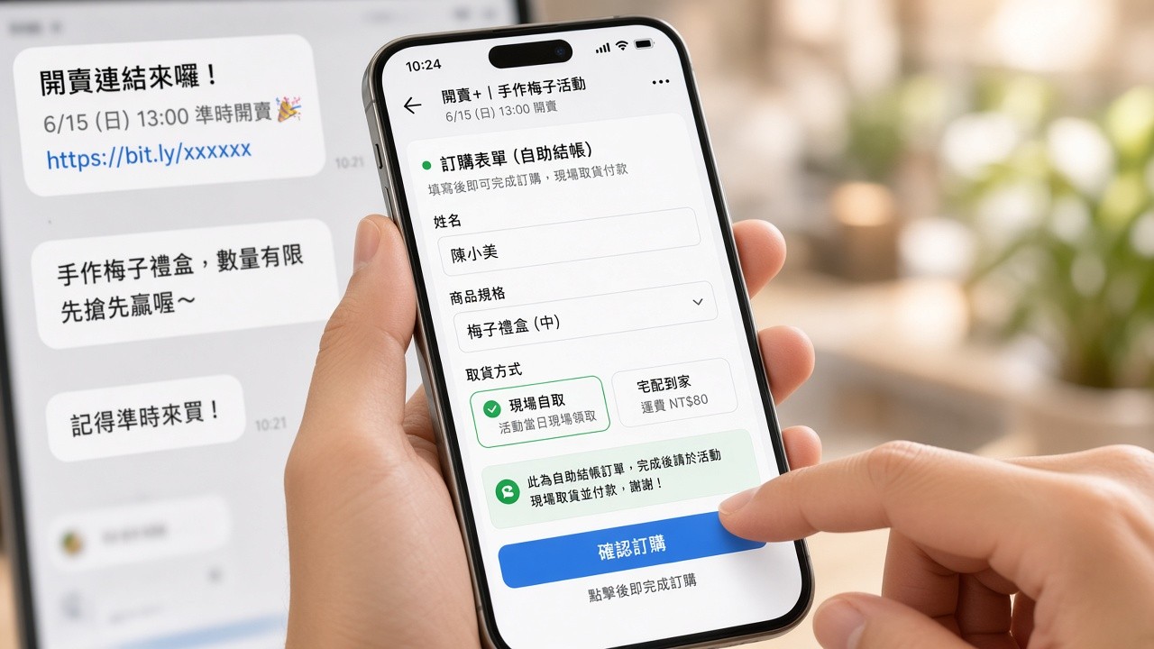 開賣+後台可標記收款與取貨，不用翻聊天紀錄對帳