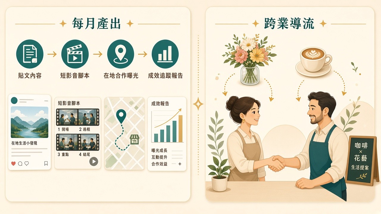每月貼文、短影片與跨業互薦，把店家曝光放大