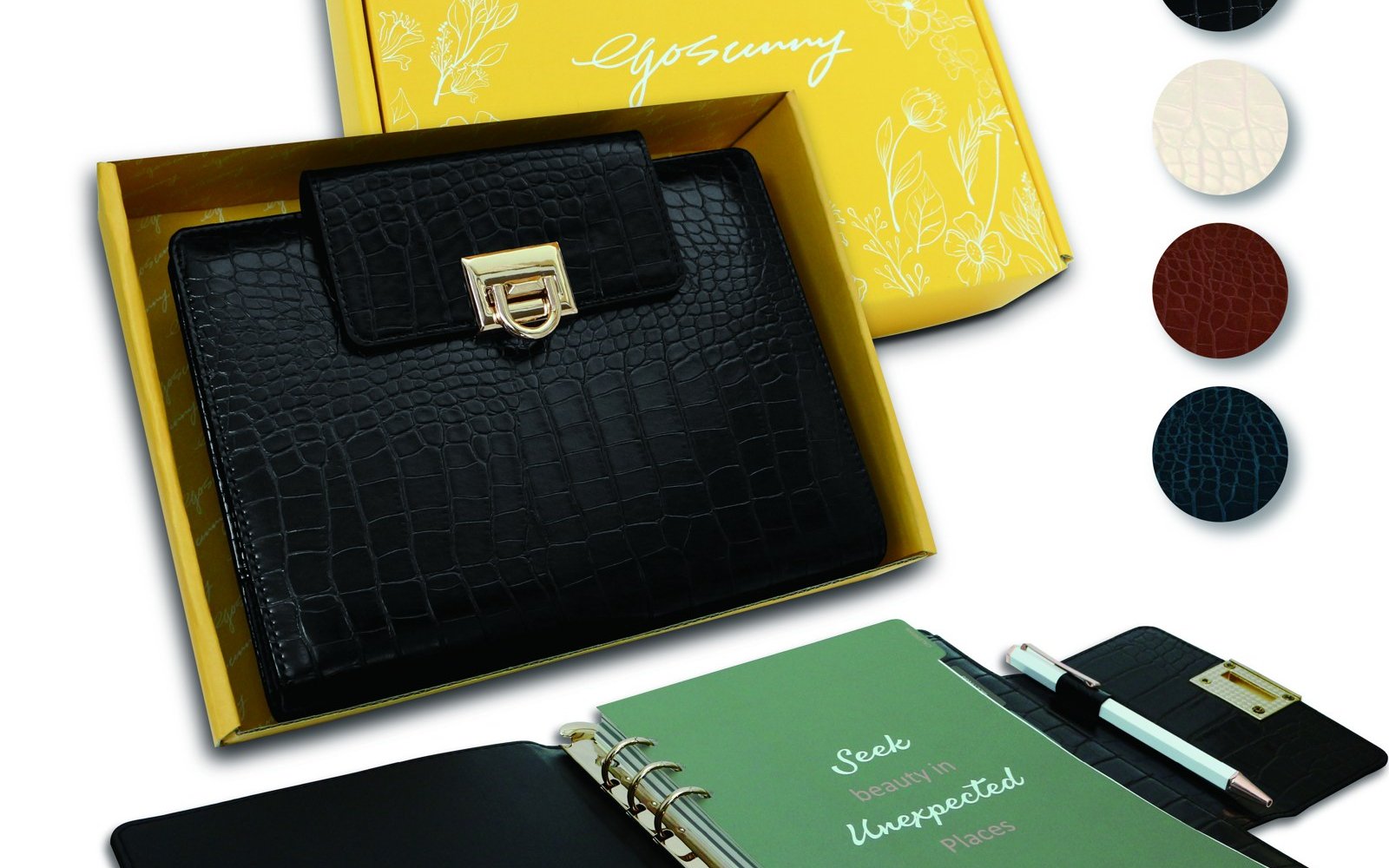 A closed EGOSUNNY planner styled as a fashion accessory