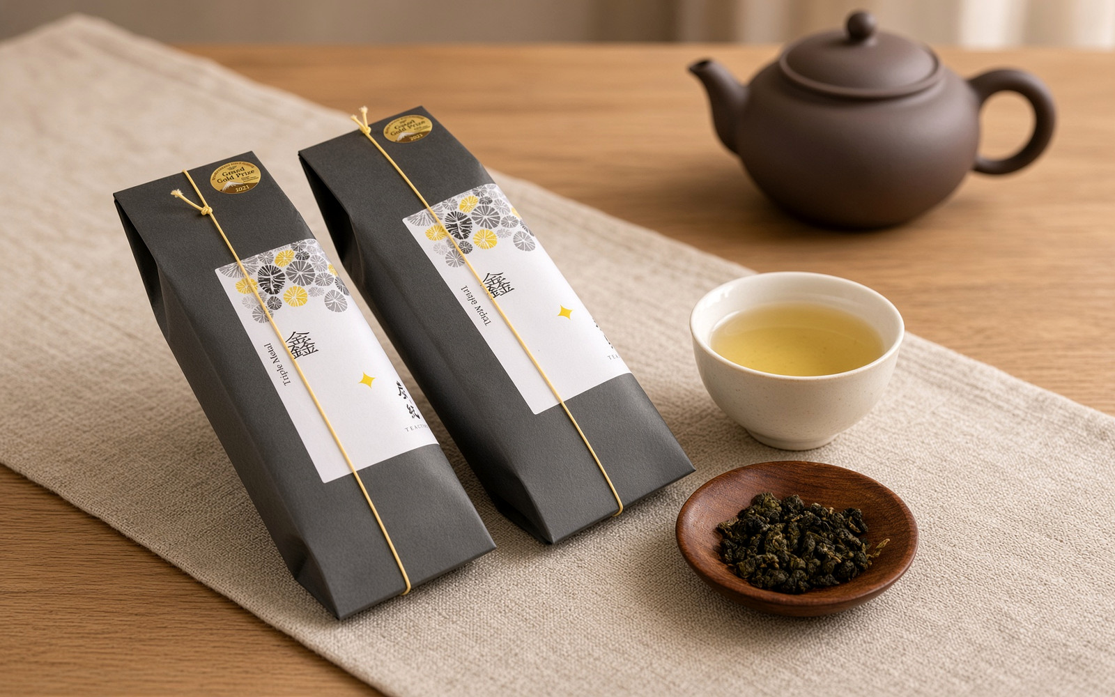 Cangui Guyun Xin (Metal) oolong sachet box with teapot and a cup of Jin Xuan
