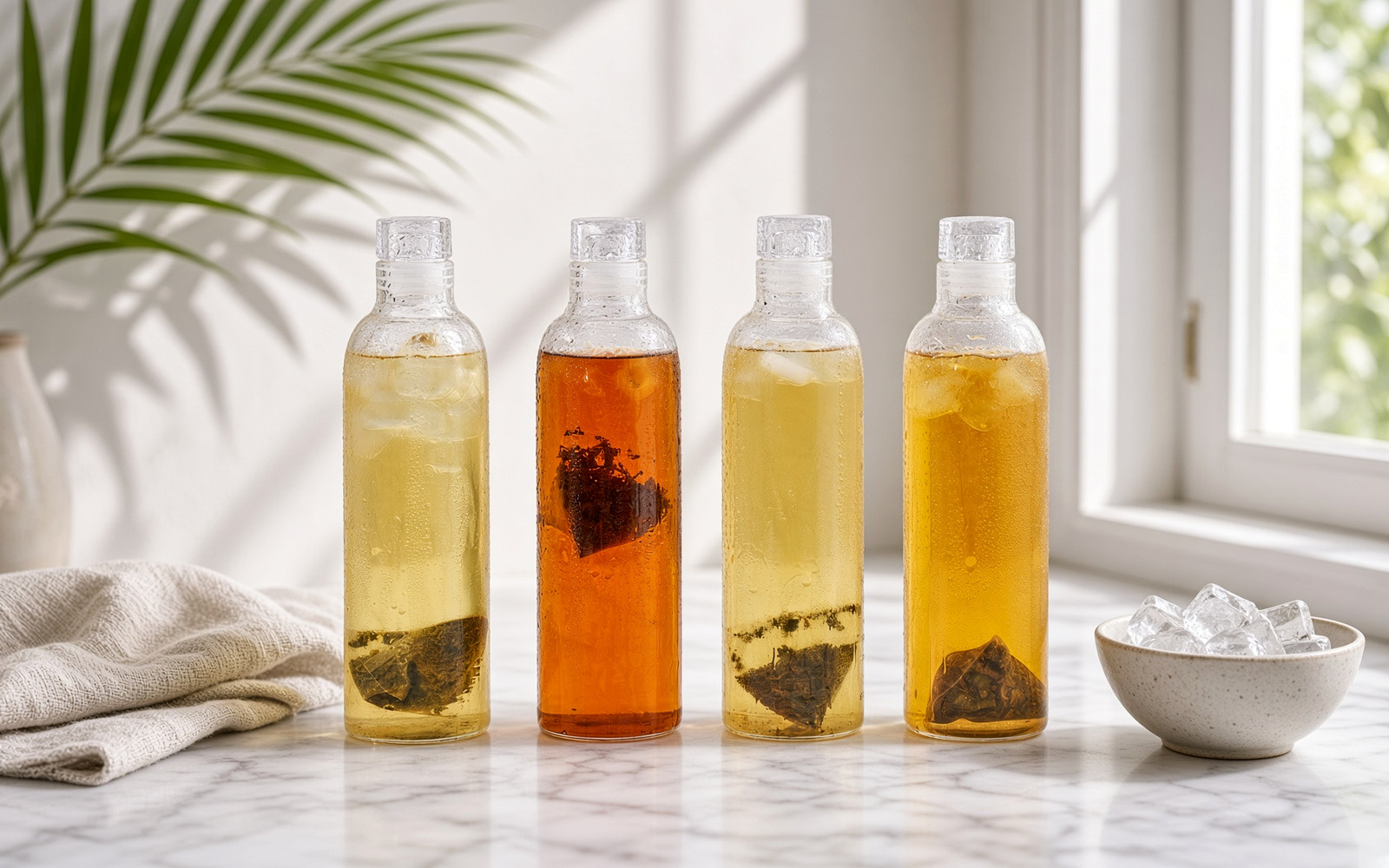Four bottles of TEAGRAPHY oolong cold-brewing with tea bags on a marble counter