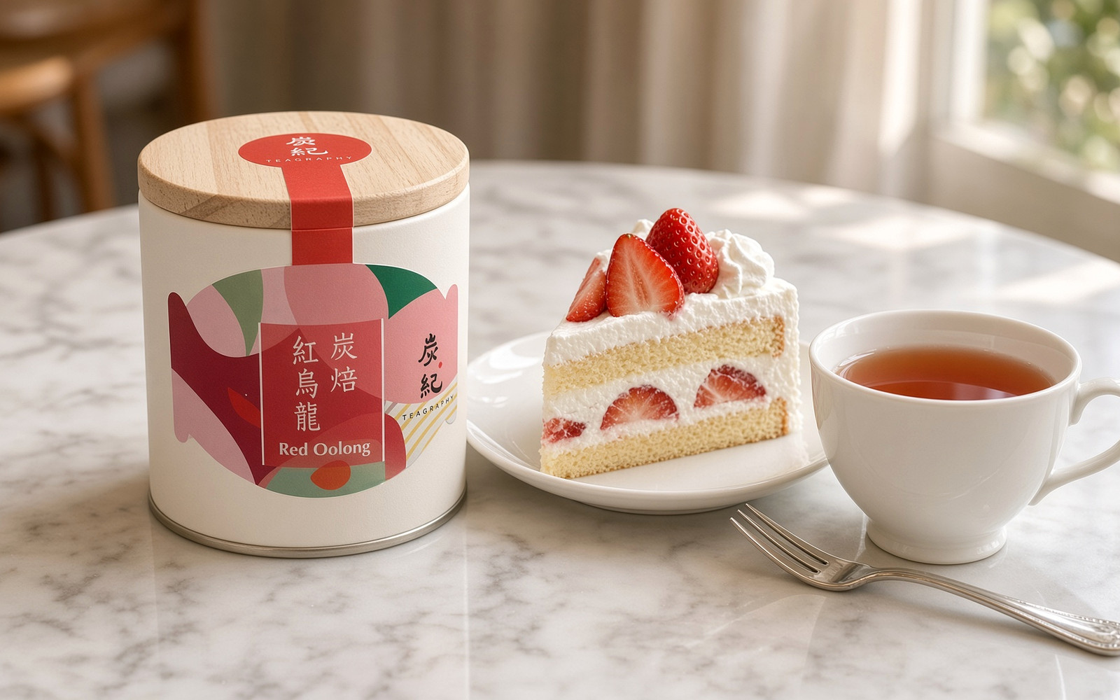TEAGRAPHY charcoal-roasted Red Oolong can beside strawberry cream cake and a cup of amber tea