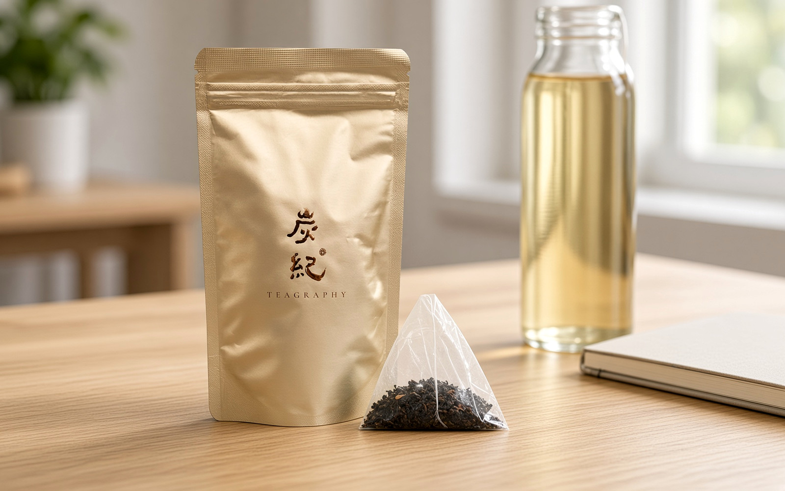 炭紀の炭火焙煎 金萱茶ティーバッグのパッケージと、水出し金萱茶のボトル