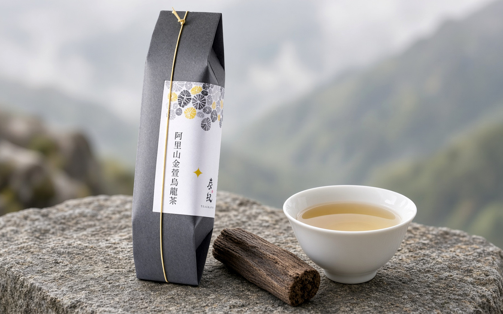 阿里山金萱烏龍茶のパッケージと龍眼の木炭、淹れたての金萱茶