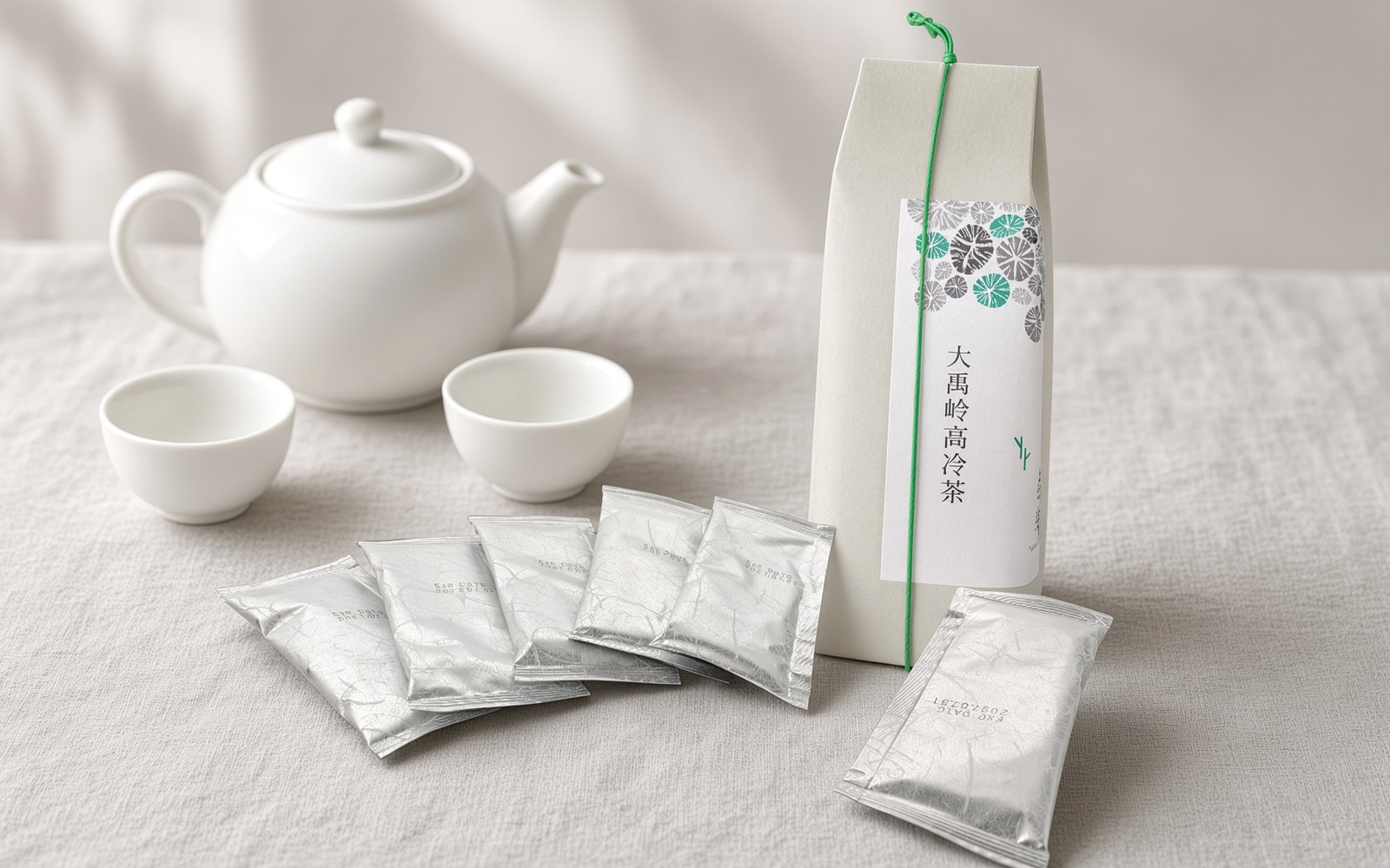 大禹岭高冷茶の化粧箱と5g個包装の茶葉パック、白磁の茶器