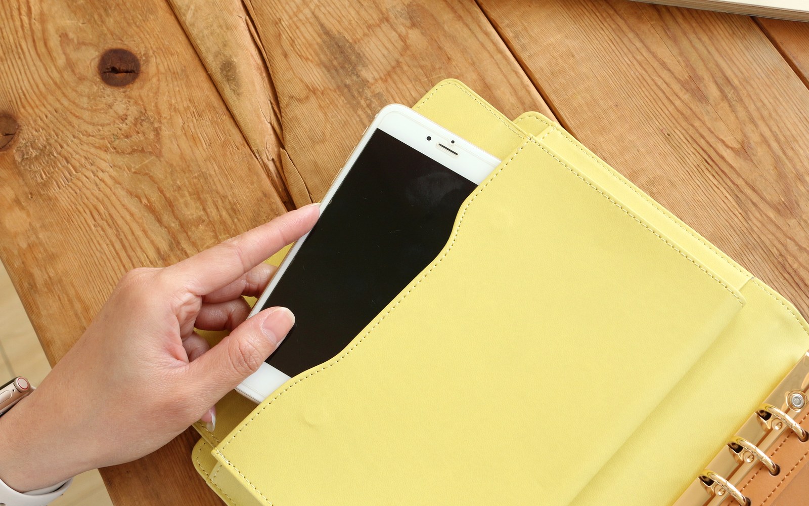 Slipping a phone into the pocket of an open EGOSUNNY planner