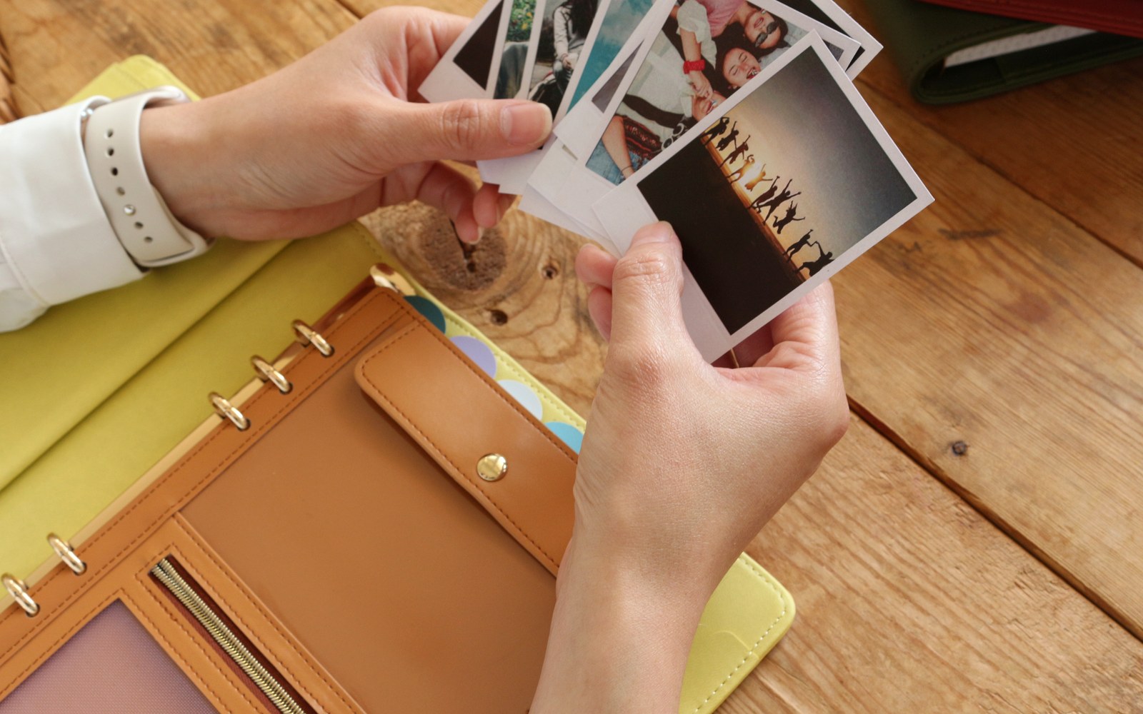 Hands sorting family photos over an open EGOSUNNY planner