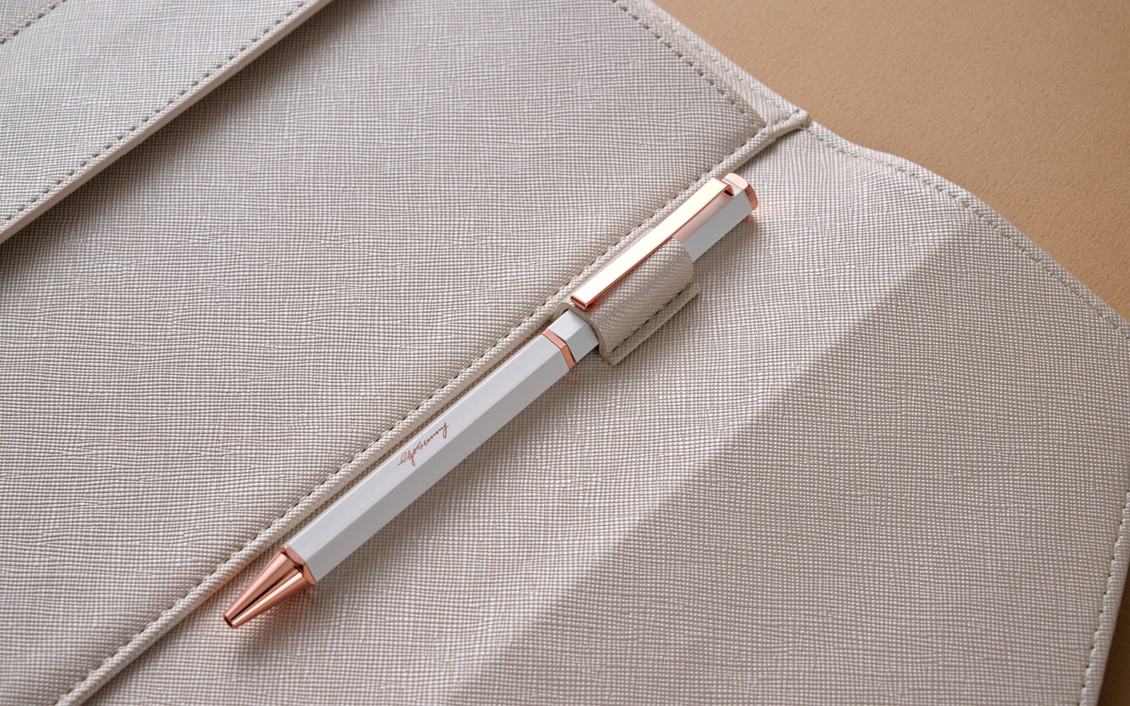 Close-up of a pen resting in an open EGOSUNNY planner