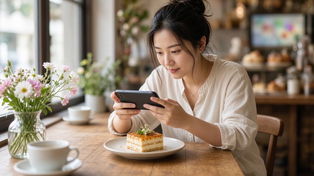 店家老闆在明亮的店內用手機替招牌商品拍照,準備更新 Google 商家相片